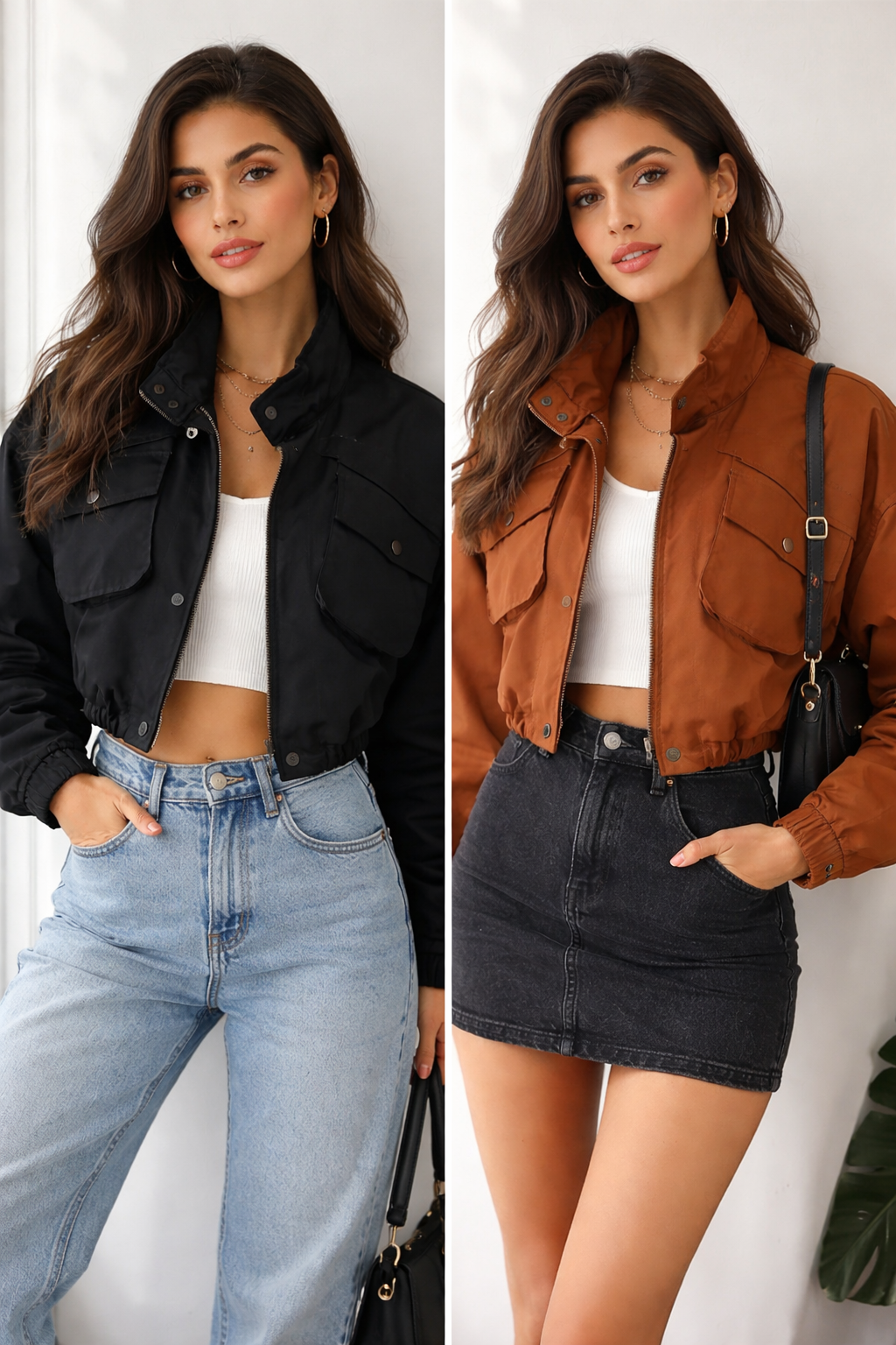 Cropped Utility Bomber Jacket for Teens & Women – Black & Brown