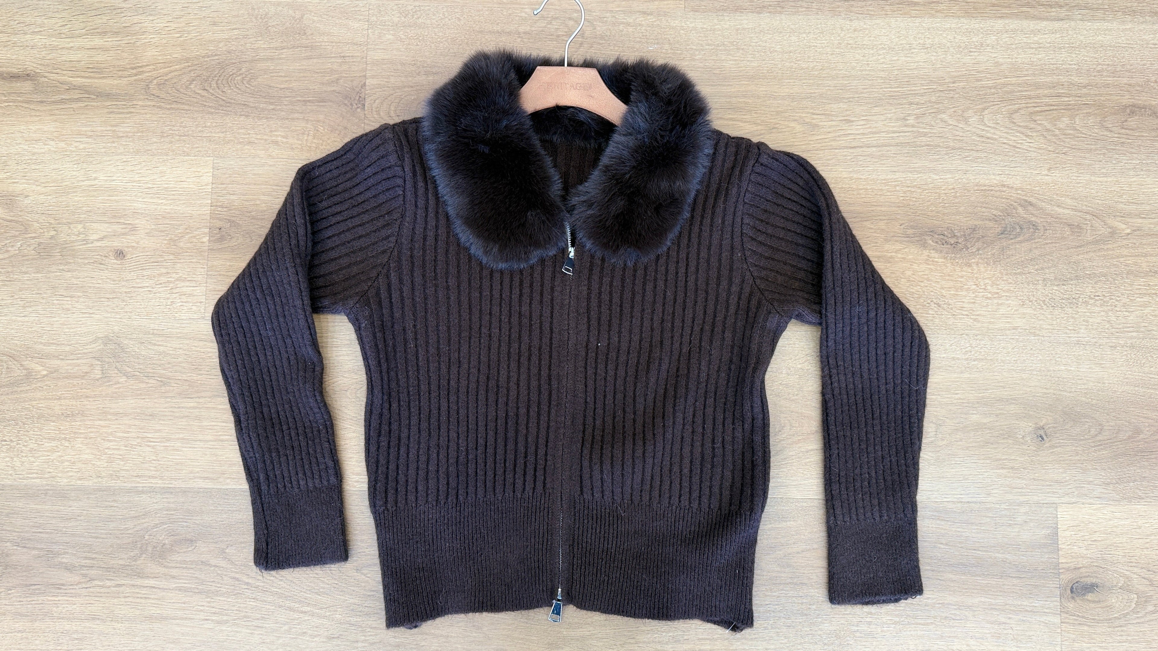 Beautiful Zip-up sweater jacket  with Fur on Collar