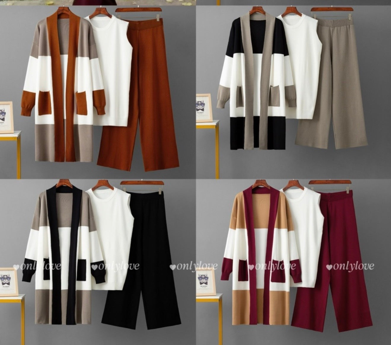 3-Piece Knit Co-Ord Set for Women | Sleeveless Top, Wide-Leg Pants & Long Cardigan