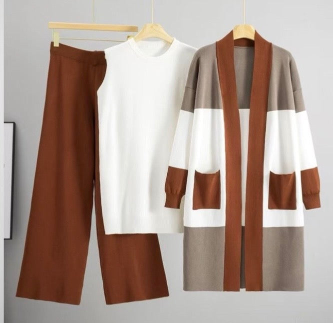 3-Piece Knit Co-Ord Set for Women | Sleeveless Top, Wide-Leg Pants & Long Cardigan