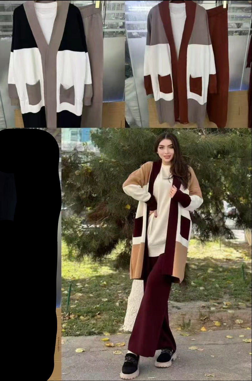 3-Piece Knit Co-Ord Set for Women | Sleeveless Top, Wide-Leg Pants & Long Cardigan