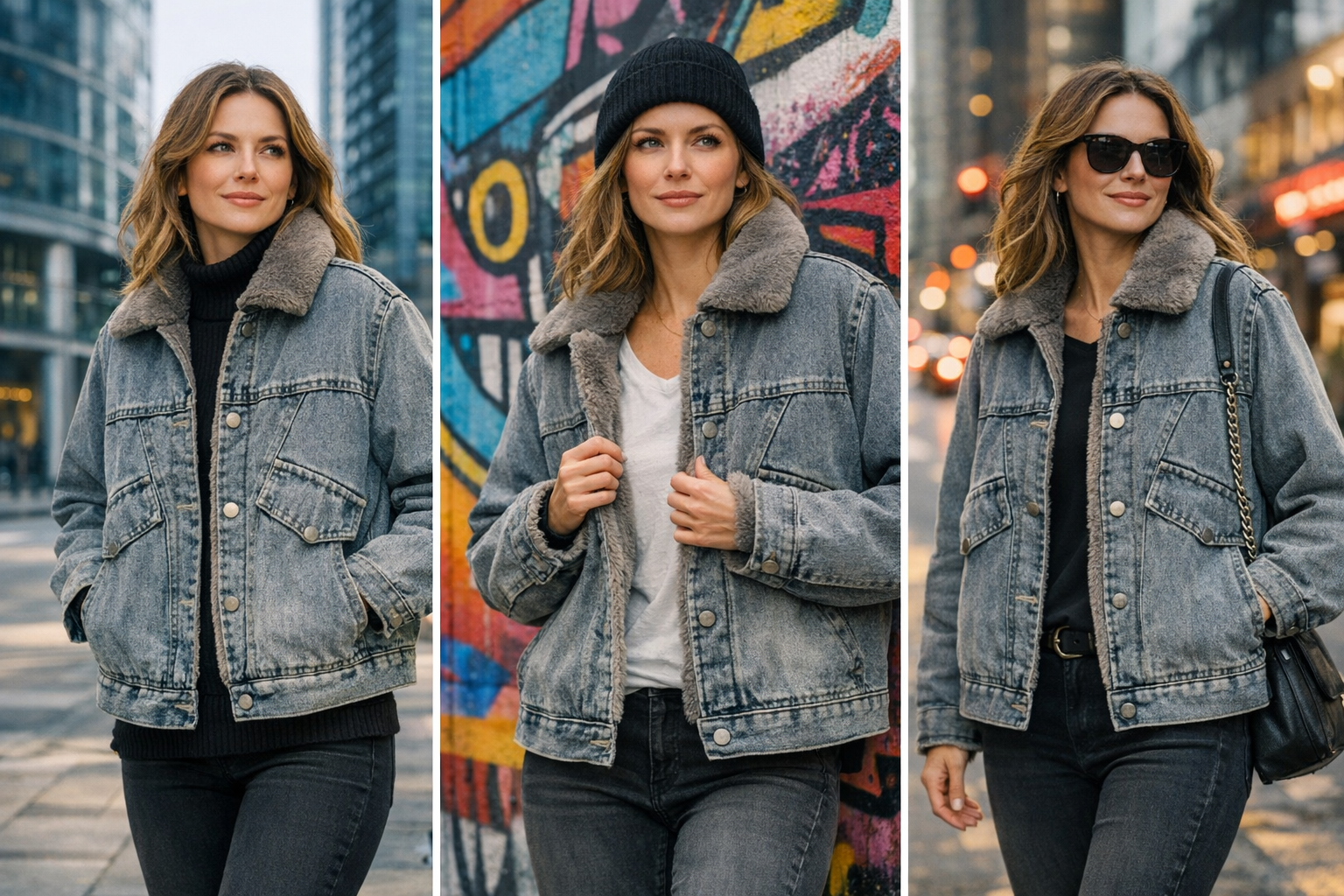 Girls & Women’s Winter Denim Jacket with Faux Fur Collar | Sherpa Lined Button-Up Jean Jacket | Warm Casual Winter Outerwear